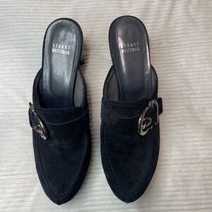Stuart Weitzman Black Suede Mules with Silver Buckled, Studded Size 8.5 Medium